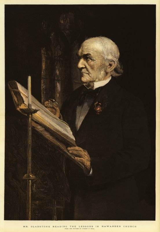 Gladstone læser lektionerne i Hawarden Church af Sydney Prior Hall