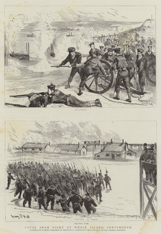 Naval Sham Fight på Whale Island, Portsmouth af Sydney Prior Hall