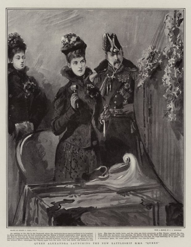 Dronning Alexandra lancerer det nye slagskib H M S Queen af Sydney Prior Hall