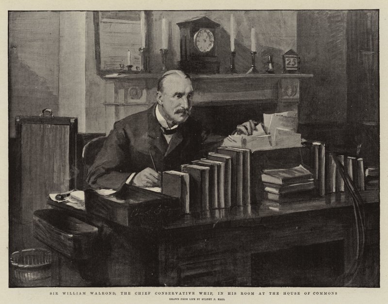 Sir William Walrond, den konservative chefpisker, i sit værelse i Underhuset af Sydney Prior Hall