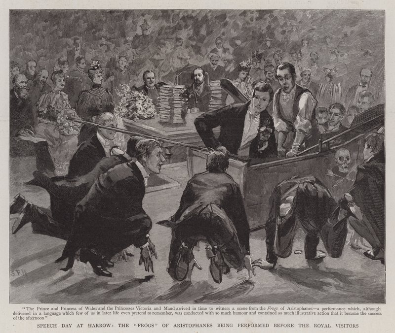 Taledag i Harrow, hvor Frøerne fra Aristophanes opføres foran de kongelige besøgende af Sydney Prior Hall