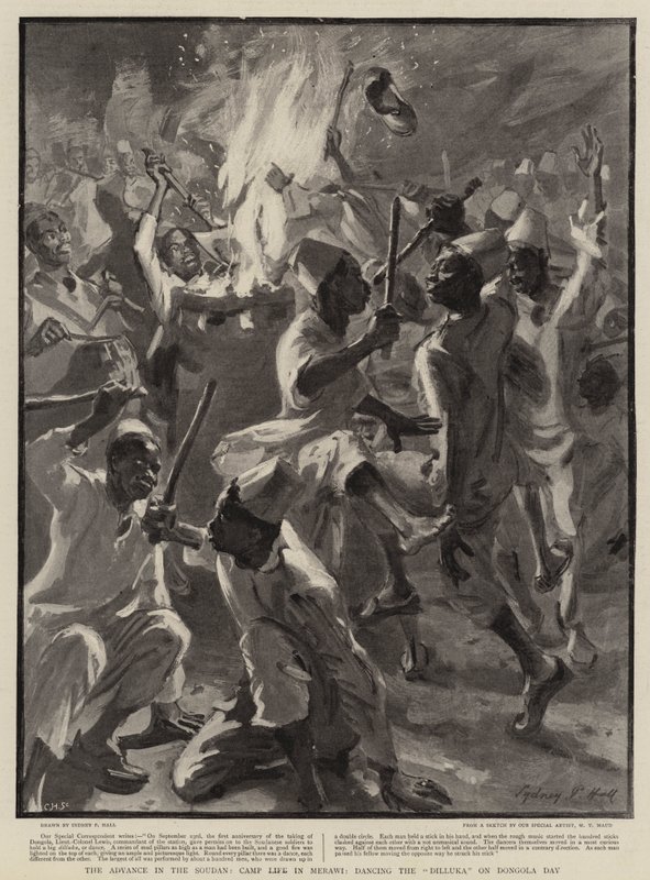 The Advance in the Soudan, Camp Life in Merawi, Dancing the Dilluka på Dongola Day af Sydney Prior Hall