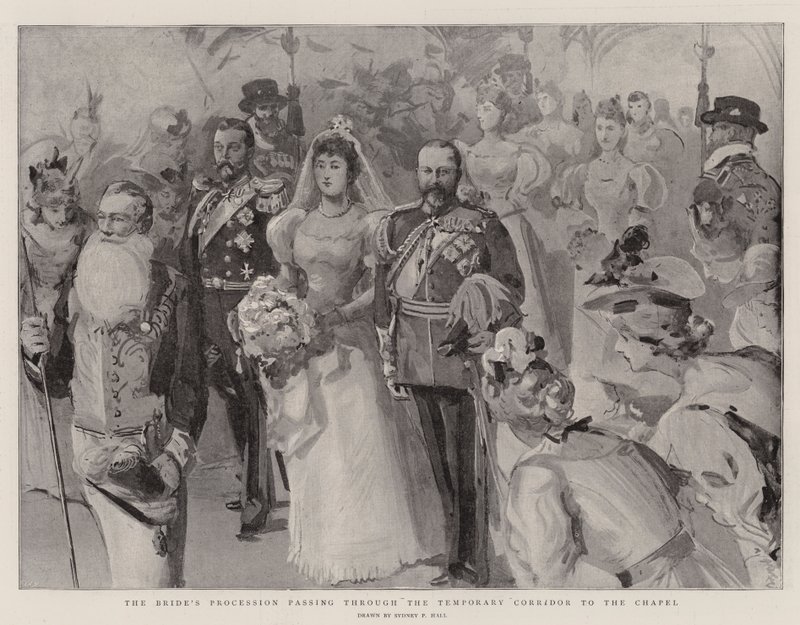 Brudens procession passerer gennem den midlertidige korridor til kapellet af Sydney Prior Hall