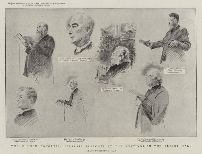 Kirkekongressen, portrætskitser ved møderne i Albert Hall litho af Sydney Prior Hall