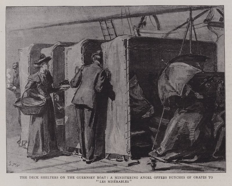 Dækket Shelters på Guernsey-båden, en engel tilbyder drueklaser til Les Miserables af Sydney Prior Hall