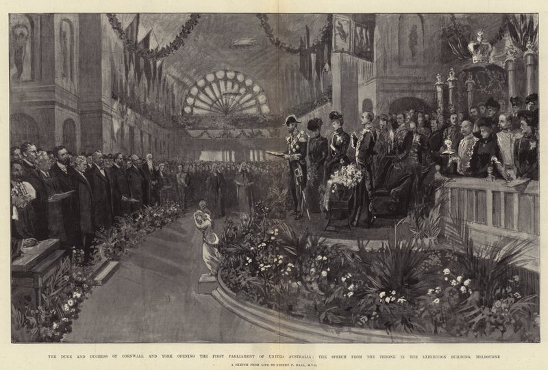 Hertugen og hertuginden af Cornwall og York åbner det første parlament i United Australia, taler fra tronen i Exhibition Building, Melbourne af Sydney Prior Hall