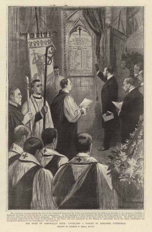 Hertugen af Cornwalls tur, afsløre en tablet i Adelaide Cathedral af Sydney Prior Hall