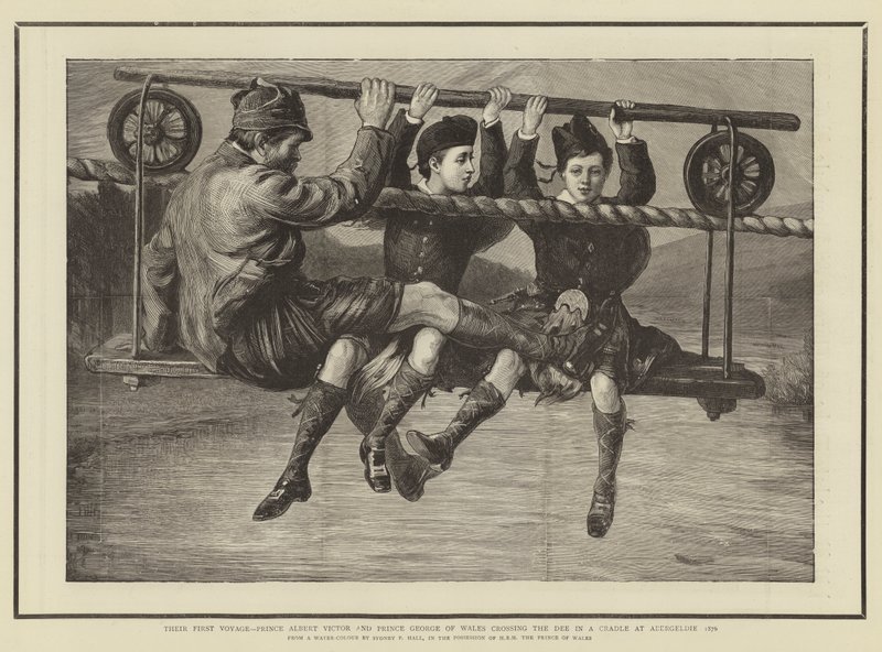 Den første rejse, prins Albert Victor og prins George af Wales krydser Dee i en vugge ved Abergeldie 1876 af Sydney Prior Hall