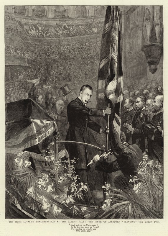 Den irske loyalistiske demonstration i Albert Hall, hertugen af Abercorn planter Union Jack af Sydney Prior Hall