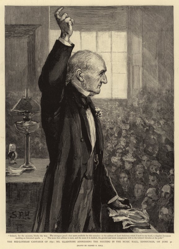The Mid-Lothian Campaign of 1892, Mr Gladstone talte til mødet i Music Hall, Edinburgh, den 30. juni af Sydney Prior Hall