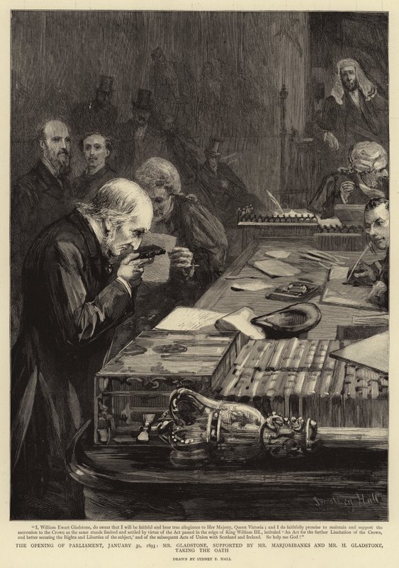 Parlamentets åbning den 31. januar 1893 aflagde hr. Gladstone, støttet af hr. Marjoribanks og hr. H. Gladstone, ed af Sydney Prior Hall