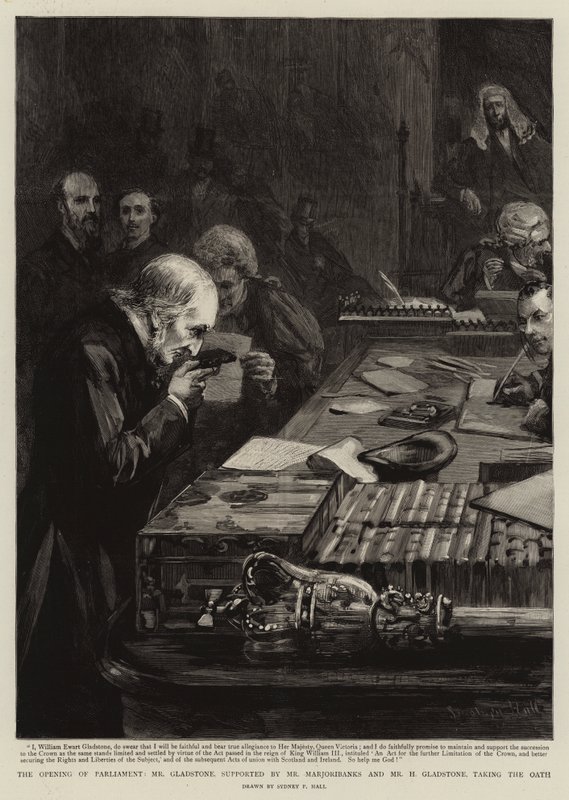 Åbning af parlamentet, hvor Gladstone, støttet af Marjoribanks og H. Gladstone, aflægger eden af Sydney Prior Hall