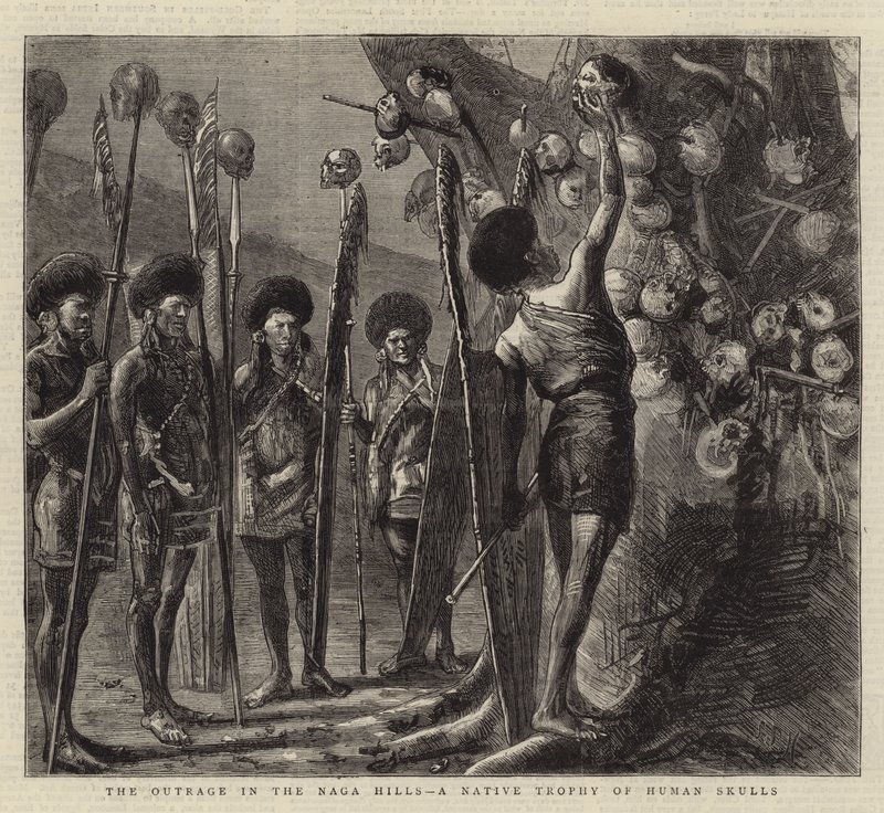 The Outrage in the Naga Hills, et indfødt trofæ af menneskelige kranier af Sydney Prior Hall