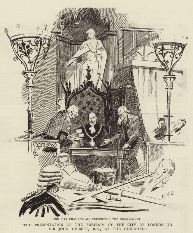 Præsentationen af the Freedom of the City of London til Sir John Gilbert, RA, i Guildhall af Sydney Prior Hall