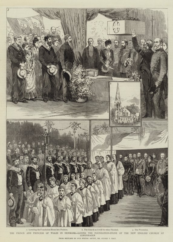Prinsen og Prinsessen af Wales i Danmark, der lægger grundstenen til den nye engelske kirke i København af Sydney Prior Hall