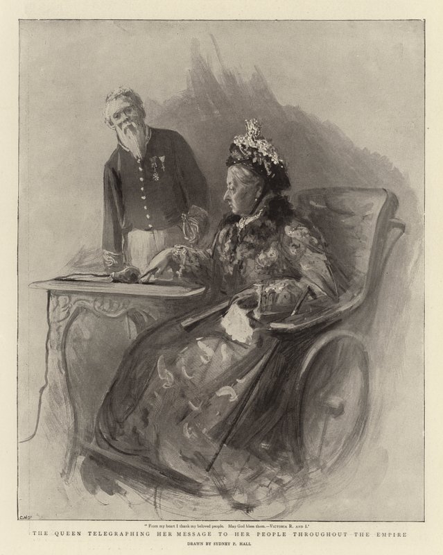 Dronningen telegraferer sit budskab til sit folk i hele imperiet af Sydney Prior Hall