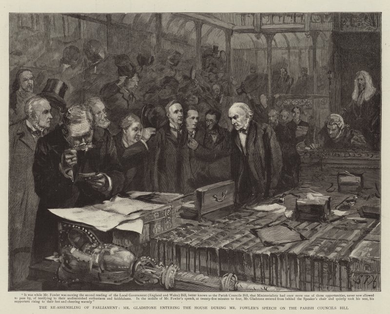 Genforsamlingen af parlamentet, hr. Gladstone, der trådte ind i huset under hr. Fowlers tale om sognerådsforslaget af Sydney Prior Hall
