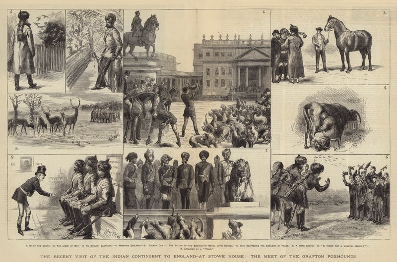 Det indiske kontingents seneste besøg i England i Stowe House, mødet mellem Grafton Foxhounds af Sydney Prior Hall