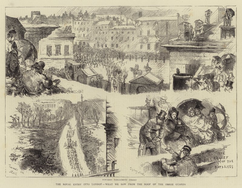 The Royal Entry into London, hvad vi så fra Hestevagtens tag af Sydney Prior Hall