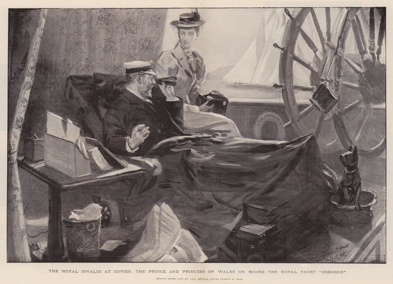 Den kongelige invalide i Cowes, Prinsen og prinsessen af Wales om bord på den kongelige yacht Osborne af Sydney Prior Hall