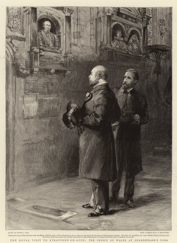 Det kongelige besøg i Stratford-on-Avon, Prinsen af Wales ved Shakespeares grav af Sydney Prior Hall