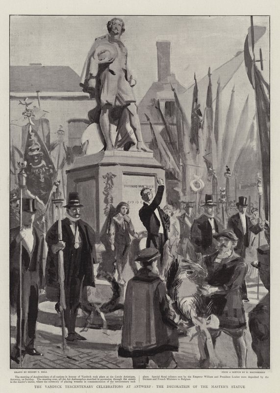 Vandyck-festlighederne i Antwerpen i anledning af Vandycks trehundredeårsdag, udsmykning af mesterens statue af Sydney Prior Hall