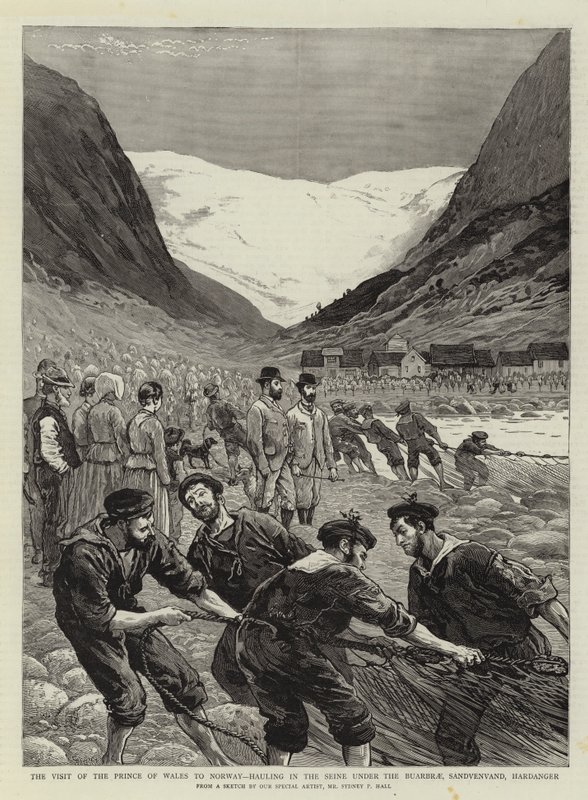 Prinsen af Wales besøg i Norge, slæbende i Seinen under Buarbrae, Sandvenvand, Hardanger af Sydney Prior Hall