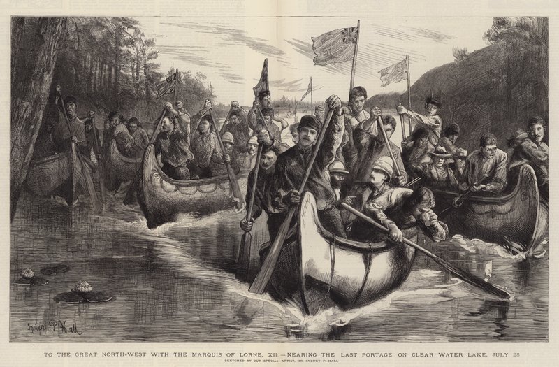 Til det store nordvestlige område med markis af Lorne, XII, nærmer sig den sidste passage på Clear Water Lake, 28. juli af Sydney Prior Hall