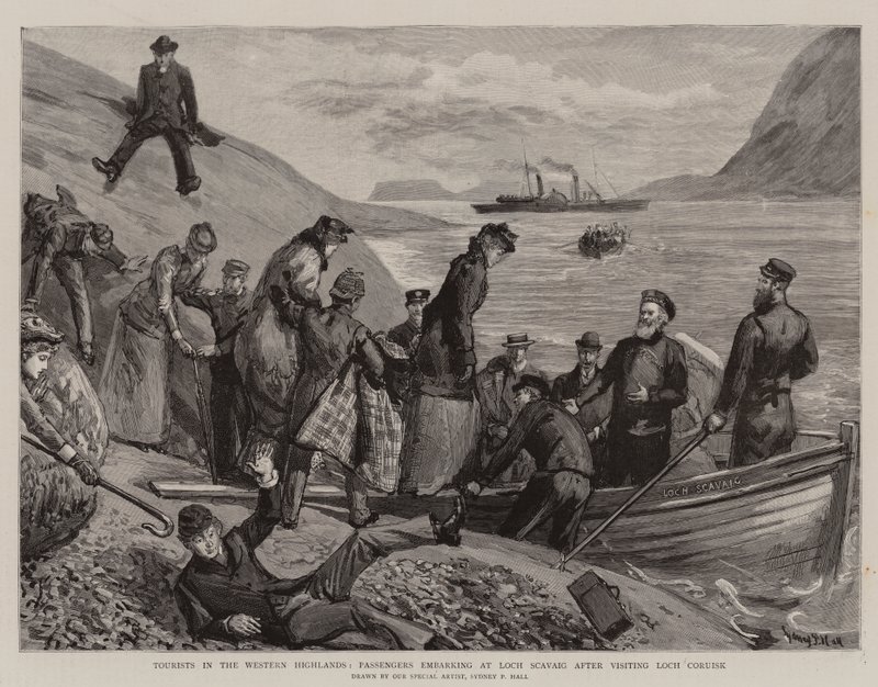 Turister i det vestlige højland, passagerer, der går om bord på Loch Scavaig efter at have besøgt Loch Coruisk af Sydney Prior Hall