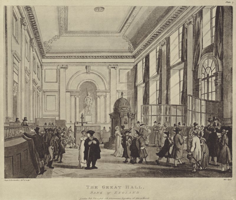 The Pay Hall, Bank of England, 1808 af T. and Pugin Rowlandson