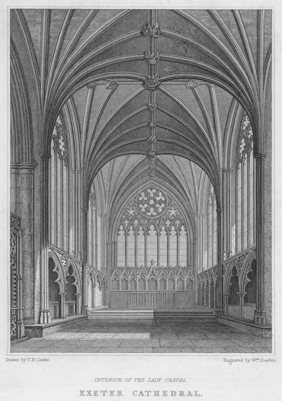 Exeter Cathedral, det indre af Lady Chapel (gravering) af T.H. Clarke