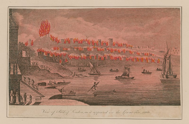 Udsigt over en del af London, som den så ud i den store brand, 1666 af T. Prattent
