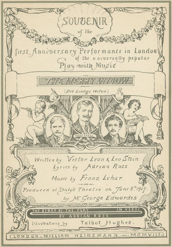 Titelside på Souvenir fra den første jubilæumsforestilling i London af The Merry Widow (farve litho) af Talbot Hughes