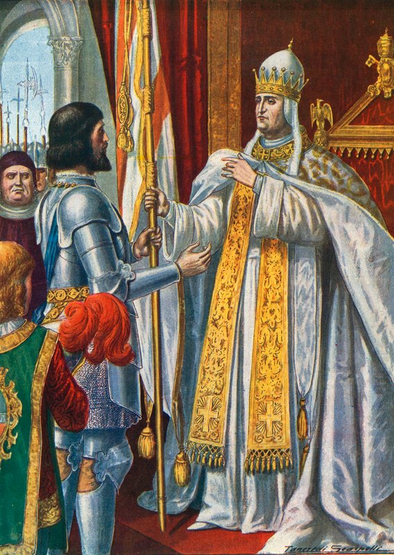 Alberico da Barbiano modtager et flag fra pave Urban VI med påskriften "Italien befriet fra barbarerne", 1379 af Tancredi Scarpelli