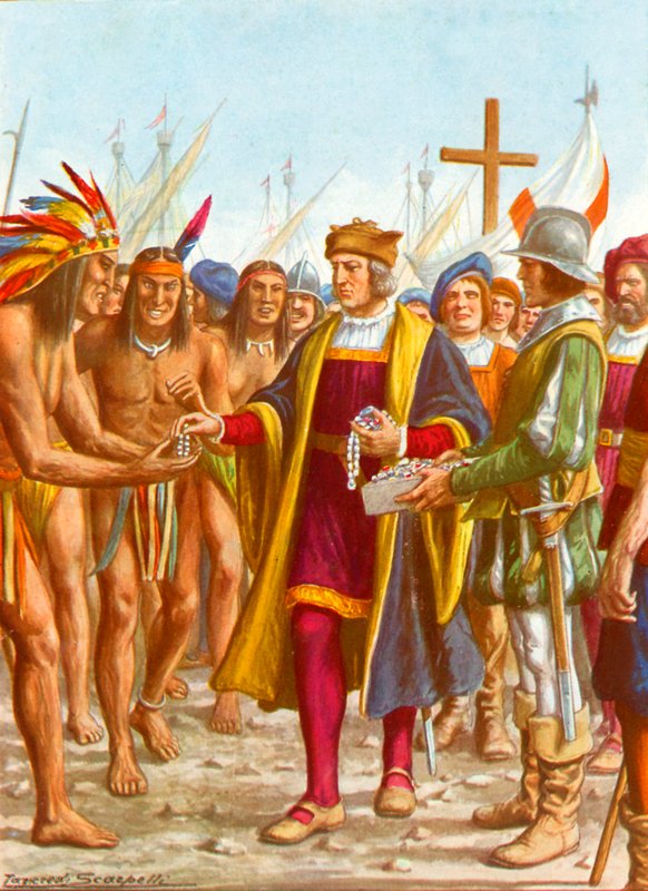 Columbus går om bord i San Salvador og distribuerer perler osv. til de indfødte af Tancredi Scarpelli