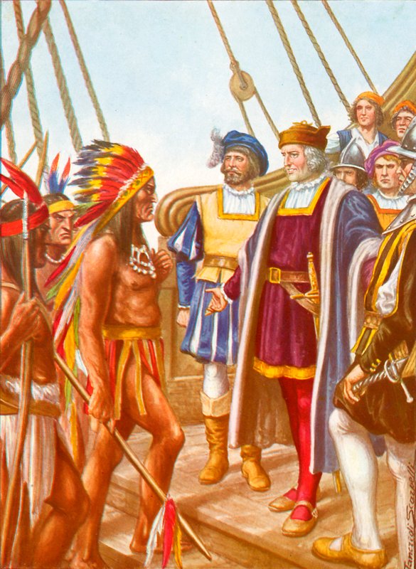 Columbus modtager om bord på Santa Maria the Cacicco Guacanagari, høvdingen for de indfødte af Tancredi Scarpelli