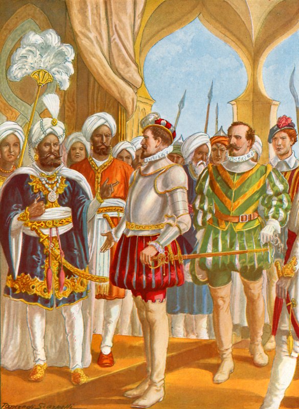 Samtale mellem Pietro Alvares Cabral og kongen af Calicut af Tancredi Scarpelli