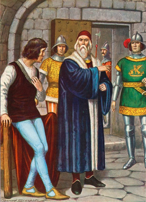 Doge Francesco Foscari beder sin søn om at adlyde republikkens ordre af Tancredi Scarpelli