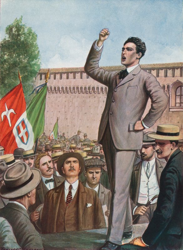 Filippo Corridoni taler til folkemængden i Milano og kræver Italiens indgriben i krigen af Tancredi Scarpelli