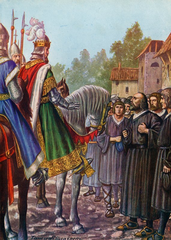 Frederick Barbarossa, i 1158, bedt af sine indbyggere om at genopbygge Lodi af Tancredi Scarpelli