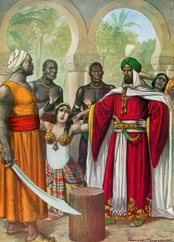 Ibn-Timnah truer med at skære årer i armene på sin kone Meimuna af Tancredi Scarpelli