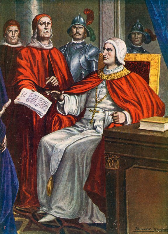 Pave Clemens VI giver biskoppen af Ferrara til opgave at sende et ultimatum til Viscontis, 1351 af Tancredi Scarpelli