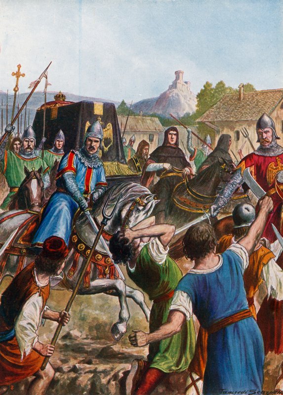 Kisten til Otto II, den hellige romerske kejser, der passerer gennem skarer af italienere i oprør af Tancredi Scarpelli