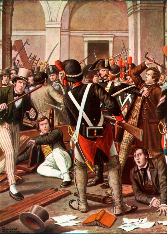 Studenternes oprør ved Torino Universitet, 1821 af Tancredi Scarpelli