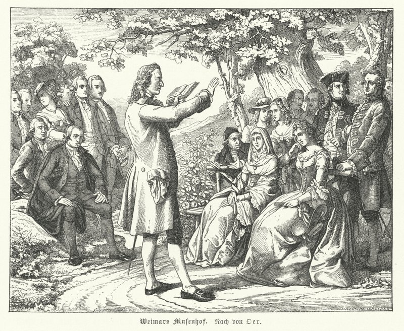The Weimar Court of the Muses: Tysk digter og dramatiker Friedrich Schiller læser på Schloss Tiefurt, med Christoph Martin Wieland, Johann Wolfgang Goethe og Johann Gottfried Herder blandt de lyttende (gravering) af Theobald Reinhold von Oer