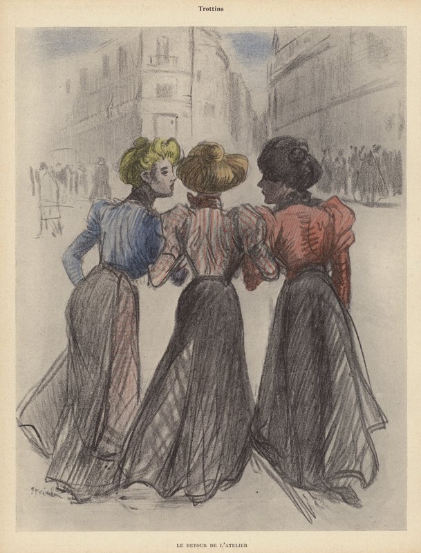 Tre kvinder går ned ad gaden (farve litho) af Theophile Alexandre (after) Steinlen