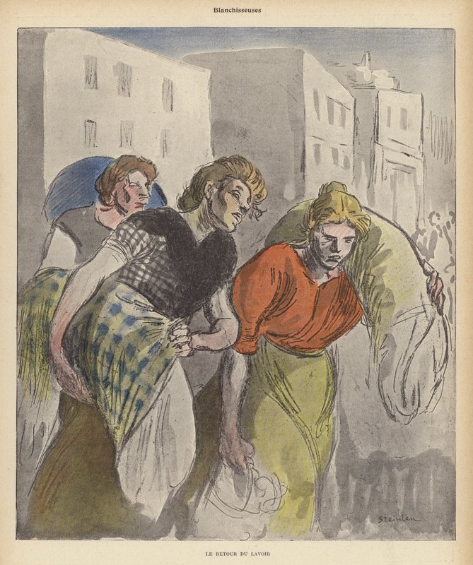 Vaskekvinder vender tilbage fra vaskeriet (farve litho) af Theophile Alexandre (after) Steinlen