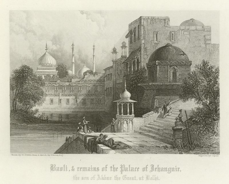 Baoli og resterne af Palace of Jahangir, Delhi, Indien af Thomas Colman Dibdin
