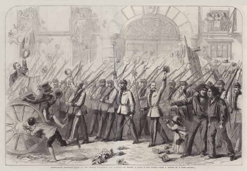 Entusiastisk modtagelse givet til de britiske frivillige for Garibaldi i Napoli, en scene i Toledo af Thomas Nast