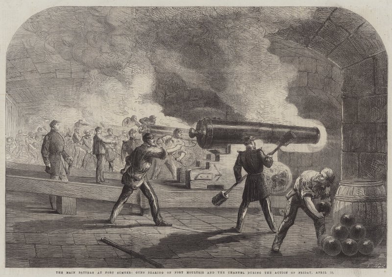 Hovedbatteriet i Fort Sumter, våben, der bærer på Fort Moultrie og kanalen under aktionen fredag den 12. april af Thomas Nast